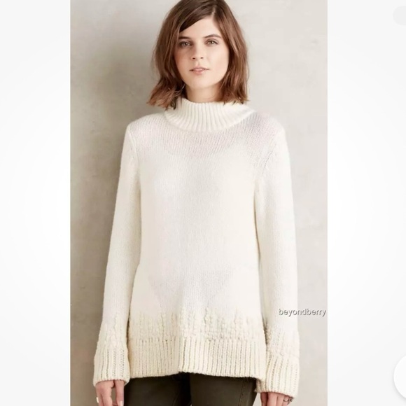 Anthropologie Sleeping on Snow Ivory Mock Neck Wool Embroidered Sweater Size M - Picture 1 of 13